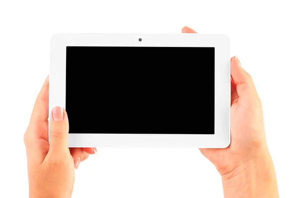 Witte tablet in vrouwenhanden geïsoleerd op witte achtergrond. mock-up digitale tablet in de hand — Stockfoto