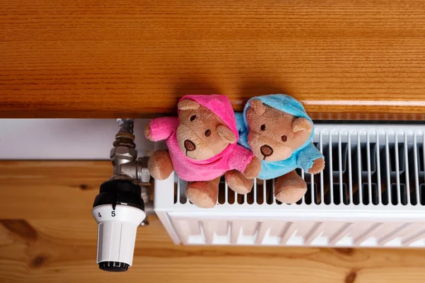 Dos osos de peluche están sentados en un radiador en la casa — Foto de Stock
