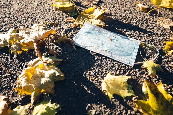 Sonbahar yapraklarıyla birlikte asfaltta yatan tıbbi maske. — Stok fotoğraf