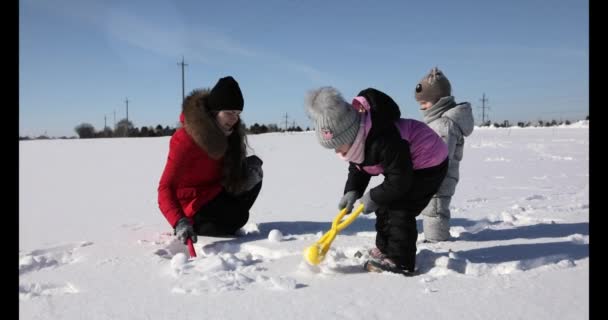 雪の中で子供たちと遊ぶ幸せな母親 — ストック動画