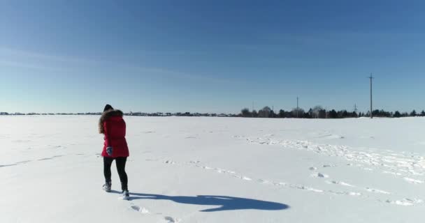 Menina correndo em um campo nevado — Vídeo de Stock