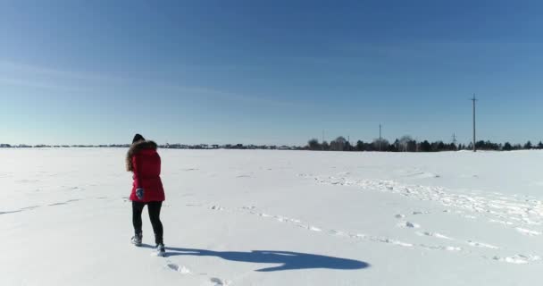 Дівчина біжить на засніженому полі — стокове відео