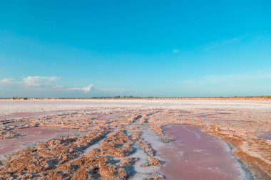 Pembe göl ve kumlu sahil Mavi gökyüzünün altında bulutlu bir deniz koyuyla