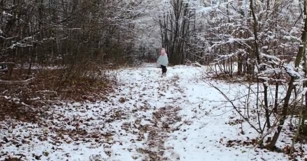 Krásná dívka utéct v zasněženém zimním lese — Stock video