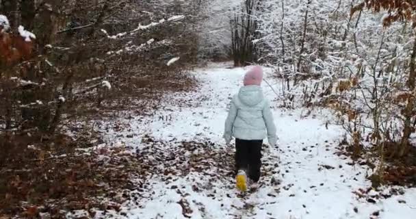 Menina bonita fugir na floresta de inverno nevado — Vídeo de Stock