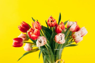 Sarı arka planda şeffaf vazodaki laleler. Sevgililer Günü konsepti