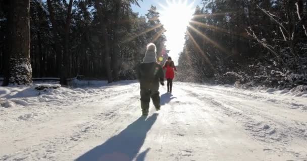 Щаслива мати і дитина грають на снігу з санчатами в сонячний зимовий день — стокове відео
