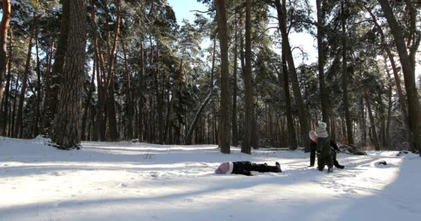 Children with father play snowballs fun — Vídeo de Stock