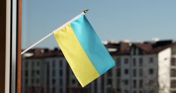 Oekraïne nationale vlag wordt gezien opknoping buiten een raam — Stockvideo
