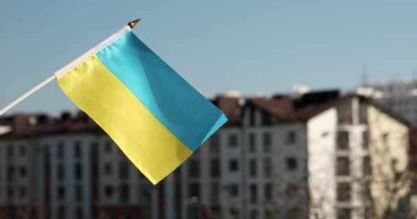 Oekraïne nationale vlag wordt gezien opknoping buiten een raam — Stockvideo