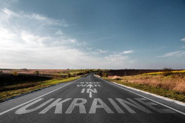 Kaldırımda yazılı metinle tarladan geçen boş yol Ukrayna 'daki savaşı durdurun