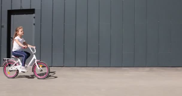 Kleines Mädchen, das an einem sonnigen Tag im Park Fahrrad fährt — Stockvideo