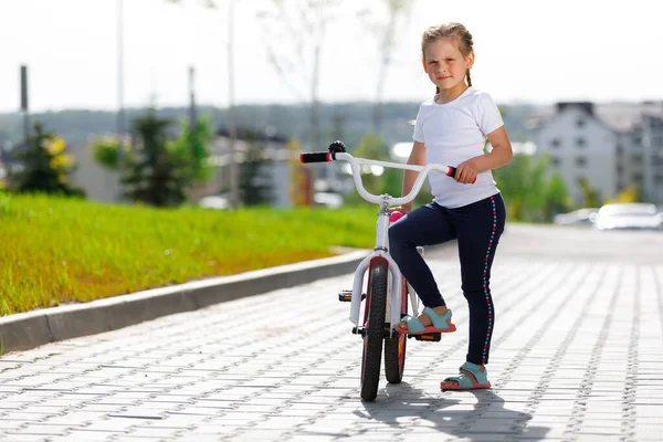 여름 공원에서 자전거에 어린 소녀. — 스톡 사진