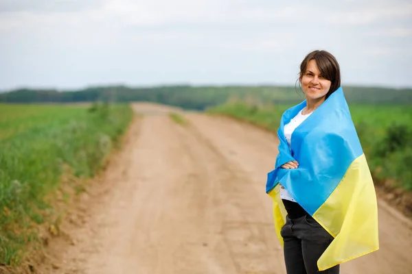 Woman Ukrainian Flag Wheat Field Happy Woman Celebrating Independence Day — Stock Photo, Image