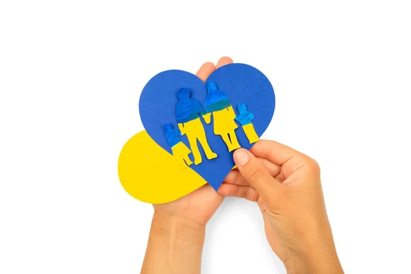 Woman Hands Hold Paper Cut Family Painted National Colors Ukraine — Stock Photo, Image