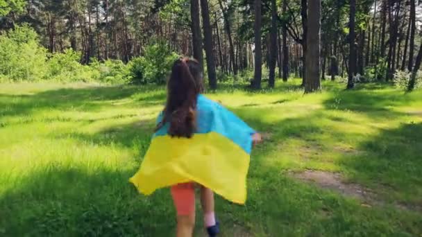 Девочка Радостно Бежит Лесу Флагом Украины Высококачественные Fullhd Кадры — стоковое видео