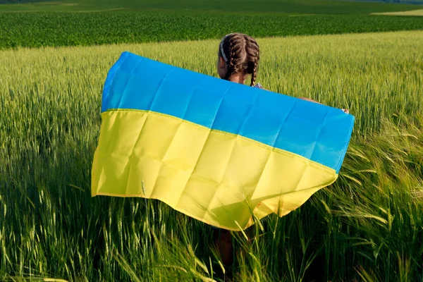 Buğday Tarlasında Ukrayna Bayrağı Taşıyan Küçük Kız Bağımsızlık Günü Kutlayan — Stok fotoğraf