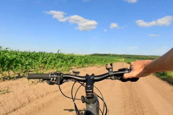 Mountain Biking Hill Descending Fast Bicycle View Bikers Eyes Stock Image