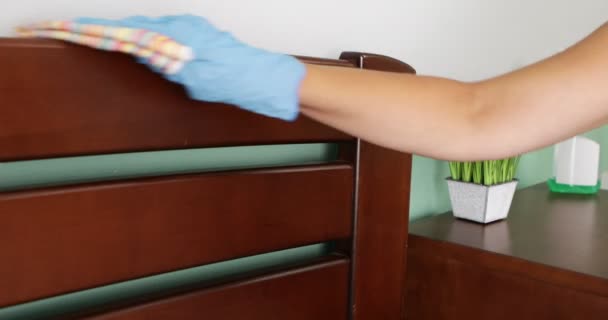Housekeeper Cleaning Wet Wipe Wooden Cabinet High Quality Footage — Wideo stockowe