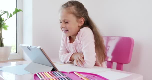 Distance Learning Online Education Girl Studying Home Digital Tablet Laptop — Stockvideo