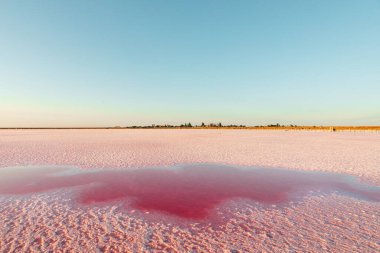 Pembe göl ve kumlu sahil Mavi gökyüzünün altında bulutlu bir deniz koyuyla.
