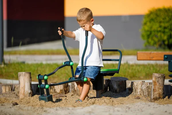 Little Kid Boy Having Fun While Playing Playground Daytime Summer — 스톡 사진