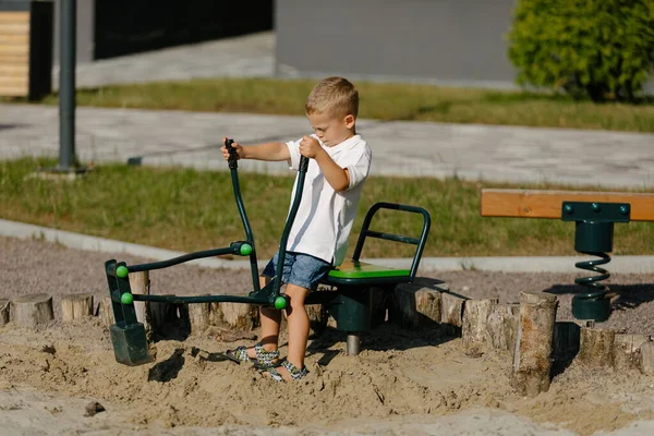 Little Kid Boy Having Fun While Playing Playground Daytime Summer — Foto de Stock