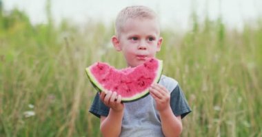 Happy childhood concept. Boy eating watermelon slices sunny summer day. High quality 4k footage