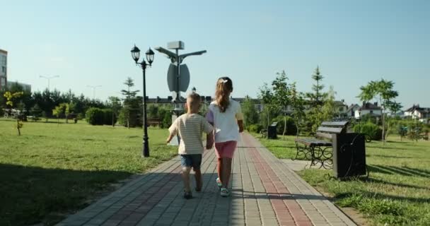 Brother Sister Walking Park Holding Hands High Quality Footage — Stockvideo