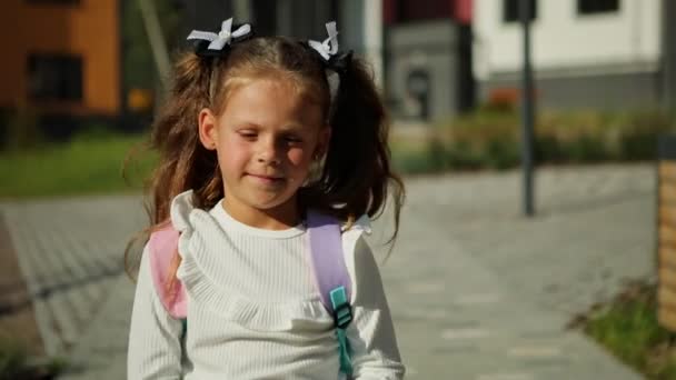 Little Girl Goes School Park Path Distance Education Concept Schoolgirl — Vídeo de stock