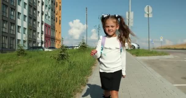 Little Girl Goes School Park Path Distance Education Concept Schoolgirl — Stockvideo