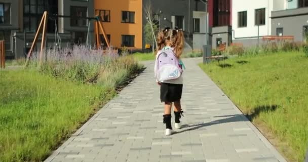 Little Girl Goes School Park Path Distance Education Concept Schoolgirl — Stockvideo