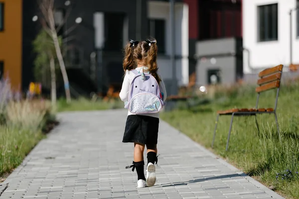 Little Girl Goes School Park Path Distance Education Concept — 스톡 사진