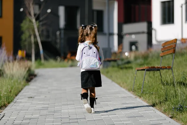 Little Girl Goes School Park Path Distance Education Concept — 스톡 사진