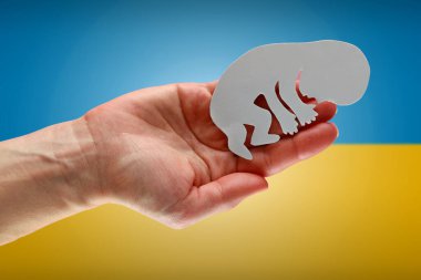 Beyaz kağıt embriyo silueti, sarı ve mavi arka planda kadın ellerinde. Ukrayna 'da kavram savaşı