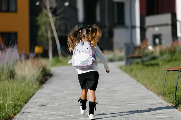 Little Girl Goes School Park Path Distance Education Concept — 스톡 사진