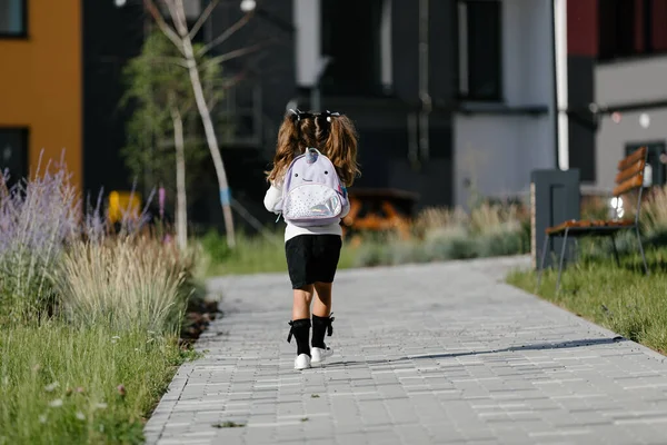 Little Girl Goes School Park Path Distance Education Concept — Stok fotoğraf
