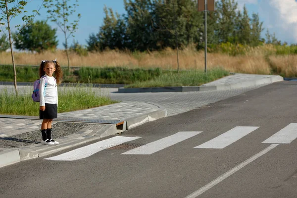 Schoolgirl Crosses Road Pedestrian Crossing — Stockfoto