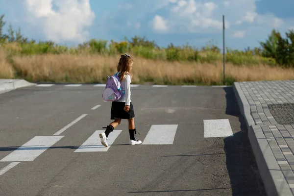 Schoolgirl Crosses Road Pedestrian Crossing —  Fotos de Stock