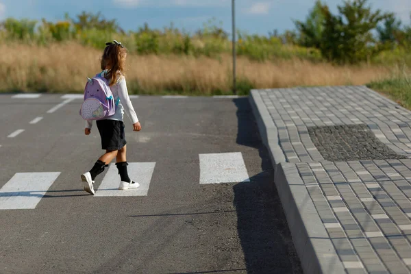 Schoolgirl Crosses Road Pedestrian Crossing — Stok fotoğraf
