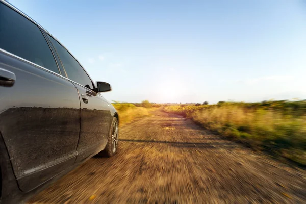 Car Dirt Road Field Sunflowers Wheat Sunlight — Stock Photo, Image