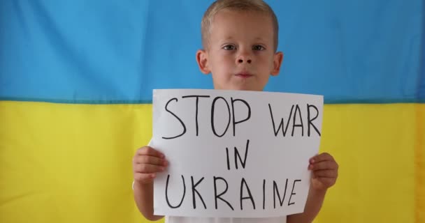 Portrait Little Boy Calls Stand Ukraine Raises Banner Inscription Stop — 비디오