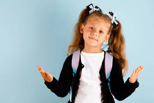 Little Schoolgirl Points Her Finger Discount Flyer Trendy Colors Copyspace Stockafbeelding