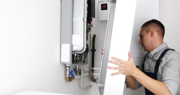 Plumber Attaches Trying Fix Problem Residential Heating Equipment Repair Gas — Stock Video