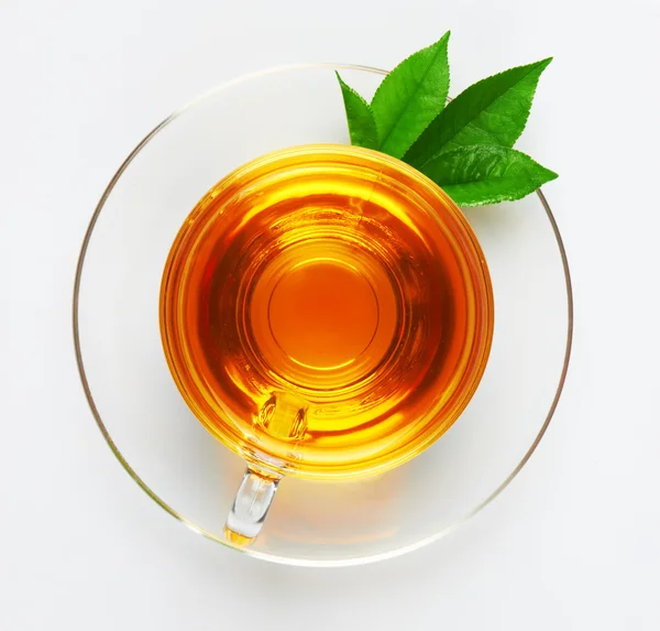 Tasse mit Tee und grünem Blatt — Stockfoto