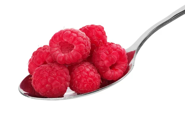 Ripe red raspberry in spoon — Stock Photo, Image