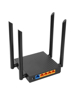 Beyaz arkaplanda antenleri izole edilmiş kablosuz Wi-Fi Router
