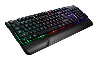 Beyaz arkaplanda izole edilmiş RGB ışığı ile klavye çalma
