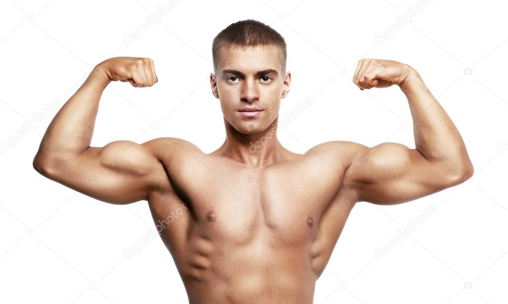 man showing double biceps