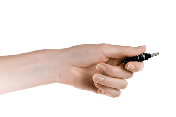 Flash drive na mão mulher isolado no fundo branco — Fotografia de Stock